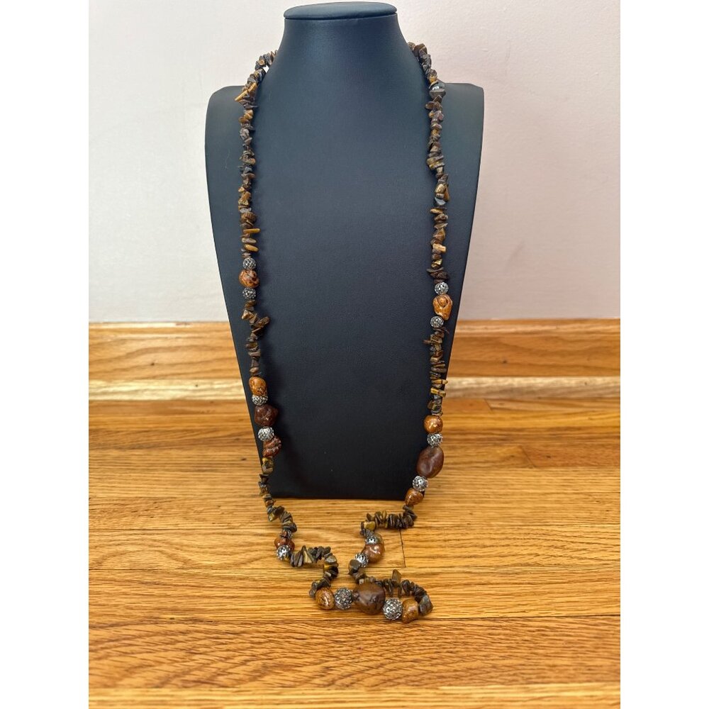 Vintage EsMor Tigers Eye & Silver Beaded Long Necklace Adjustable Clasp